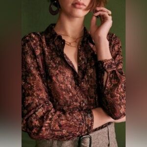 Sezane Ann Blouse Folk Bordeaux Floral Gold Threading Size US6/EU 38 🥀🥀🥀